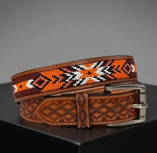 Beaded Western Belt Cowboy Rodeo Full Grain Leather Hand Tooled Removable Buckle