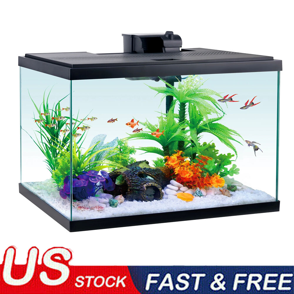 20 Gal Aquarium Starter Kit W/ Scratch-resistant Glass LED Hood Lighting Black