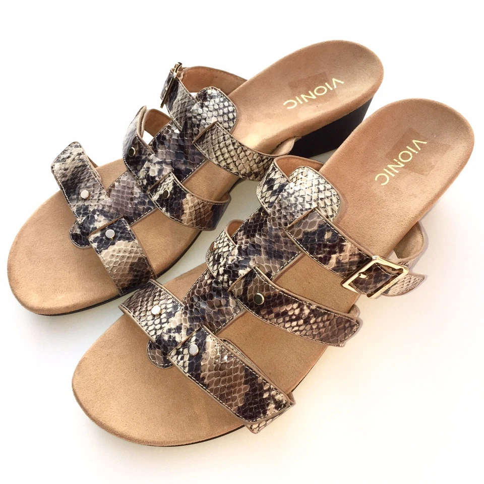 Sandalias de cuña Vionic 12 piel de serpiente natural ajustable triple correa deslizables radio Foto 3 de 4