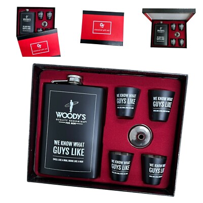 Mens Classical Woodys Steel Hip Flask Funnel Shot Glass Fathers Day Gift Set