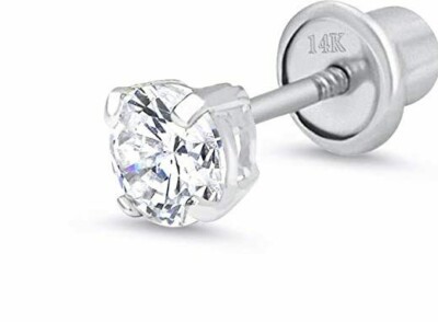 1 - 2 mm Round Diamond Stud Screw back Earring in14k White gold ~ Gift box