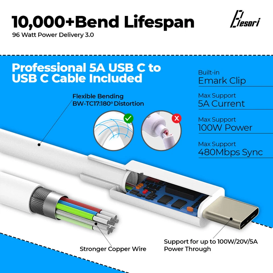 Adaptador Cargador de Alimentación USB Besori 96W Tipo C Cable USB-C de 6 pies Macbook Pro/Air Dell Foto 3 de 4
