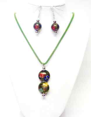 Multicolor Glass Disc Lamp Work Glass Bead Pendant Necklace & Earrings Set
