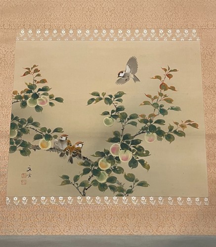 Pergamino colgante japonés vintage "Aves y melocotones" acuarela pintura sobre seda - Imagen 7 de 12