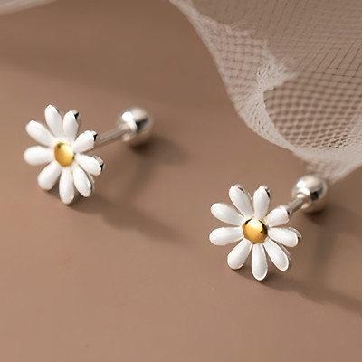 Massive S925 Silber weiße Gänseblümchen Blume Schraubverschluss Ohrstecker hypoallergen