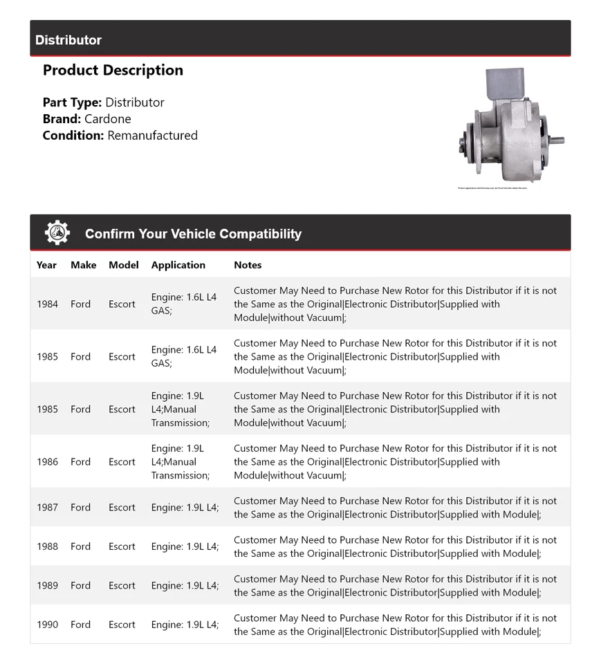 适用于 1984 - 1990 年福特 Escort 分销商 Cardone 1985 1987 1988 1989 — 第 2/4 张图片