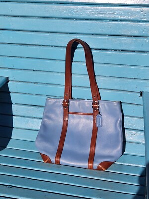 COACH 4462 Light Blue Brown Leather Tote Shoulder Bag Purse