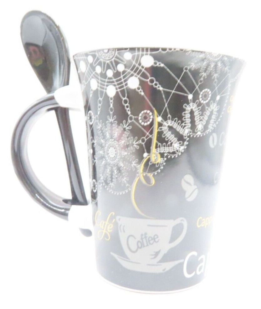 Cappuccino Mug with Spoon Ceramic with Piano Keys Detail 11 CM Gift Home Decor