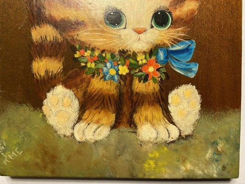Pintura vintage gato gatito sobre madera pintada a mano firmada 8x6 A3 - Imagen 4 de 12