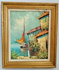 Mid century Modern Oil painting on Board Signed Adain. Italian Coastline 