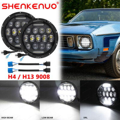 For Ford Mustang 1965-1973 7 Inch Metal LED Headlights High Low Beam DRL Bulbs