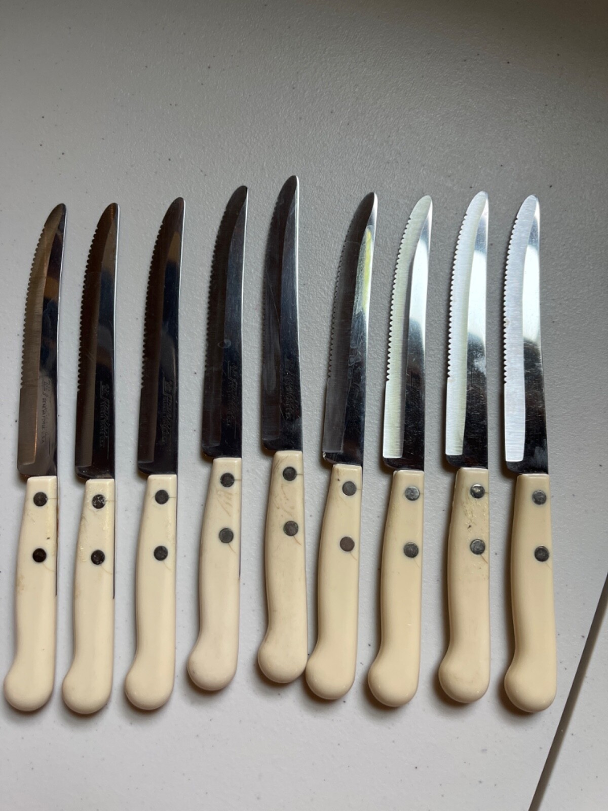 Vintage 70s Geneva Stainless White Steak Knife Set Of 9 Made In