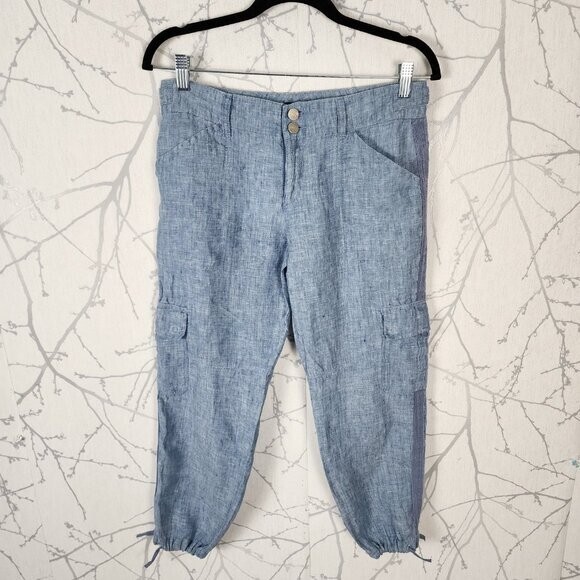 Sanctuary x Anthropologie Blue Chambray 100% Linen Cargo Joggers | Women's 26