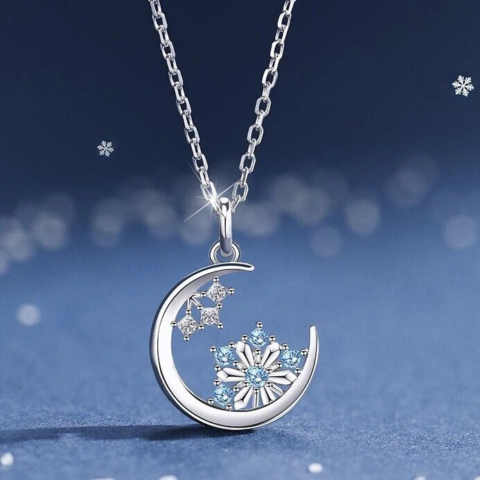 Elensan Collana Donna Con Ciondolo Fiocco Di Neve In Argento 925 E Cristalli Blu - Catena 40+5 Cm - Regalo In Scatola
