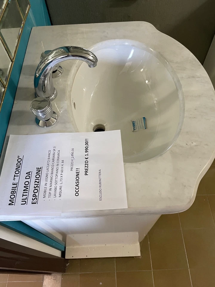 MOBILE BAGNO LACCATO BIANCO TOP IN MARMO BIANCO CARRARA CON LAVABO MADE IN ITALY - Immagine 4 di 4