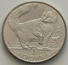1991 Isle of Man Norwegian Forest Cat 1 Crown Coin Brilliant Uncirculated Cond.