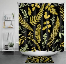 Rustic Green and Gold Botanical Leaf Black Shower Curtain Set for Bathroom Decor