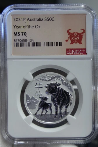 2021 P Australia 50c 1/2 oz. Silver Year of the Ox NGC MS70.