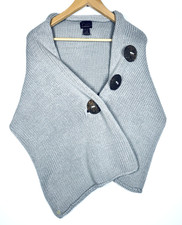 Pure Handknit Shawl Wrap One Size Gray Cotton Chunky Knit Button Cape Cozy