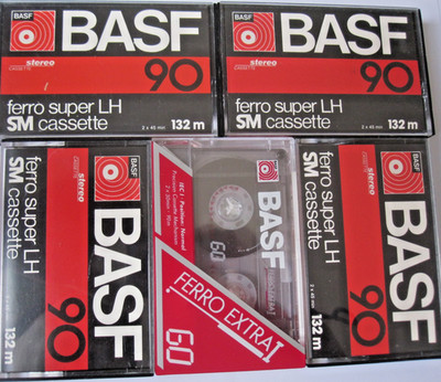 5 x BASF Type-I audio CASSETTE TAPES: 4 x SUPER LH 90 SM & 1 x FERRO Extra I 60!
