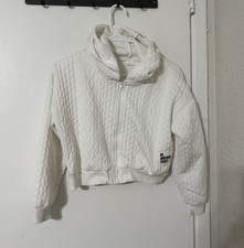 White Cable-Knit Hoodie Full Zip Hooded Long Sleeve Activewear Size S