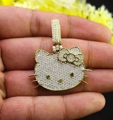 Round Simulated Diamond Kitty Cartoon Cluster Pendant In 14K Yellow Gold Plated