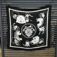 HERMES Carre H 80 Homme Fringe Ex Libris Scarf 100 Silk Noir Ecru 80cm x 80cm 15