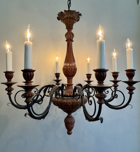 Antique Italian Carved Wood Wrought Iron Chateau Pineapple Chandelier 30” Wide - Picture 15 of 20