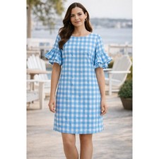 New with Tags STS Sail to Sable Blue Gingham Ruffle Sleeve Shift Dress Size 6 