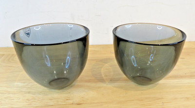 ORREFORS SWEDEN Black Blue Gray Glass Bowls Cups Set of 2 Signed Round MINT