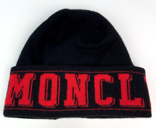MONCLER LOGO BLACK KNIT CUFFED BEANIE SKULL CAP HAT W/ RED LETTERS UNISEX EUC!