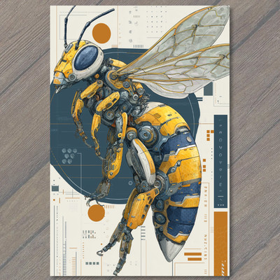 STICKER Robot Bee Yellow Wasp Mechanical Wings Futuristic Cyborg Insect Hybrid