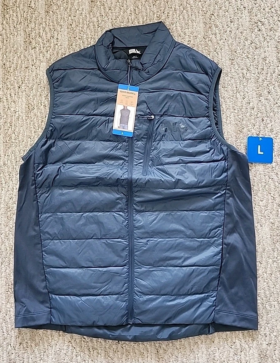 NWT New Eddie Bauer Men’s Vest Color Blue Sz Large L 550 Down Insulated Full Zip