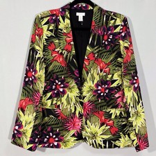 Chicos Size 2 Tropical Floral Blazer Jacket US Large Green Pink Hawaiian FLAW