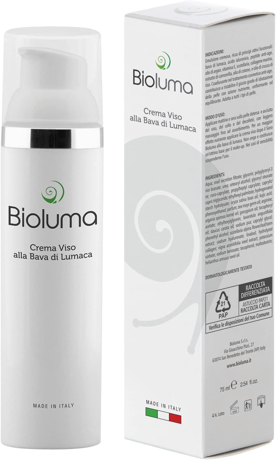 Bava Di Lumaca Crema Viso 75Ml Con Acido Ialuronico Collagene Vitamina E Azione 