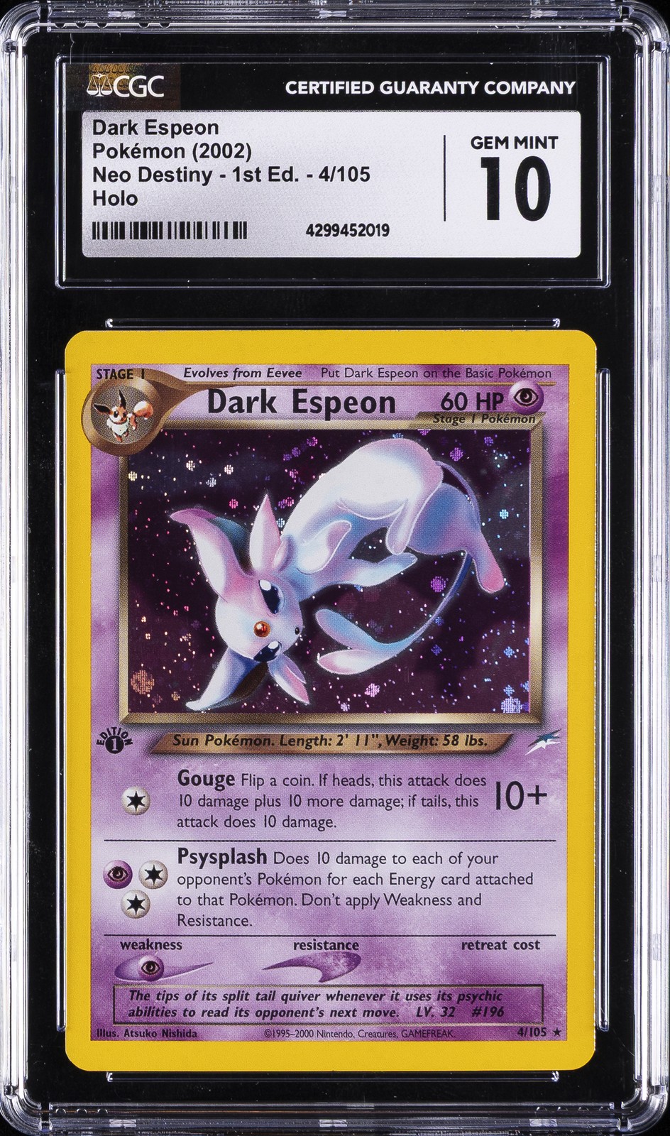 2002 POKEMON NEO DESTINY 1ST ED #4 DARK ESPEON-HOLO CGC 10 GEM MINT