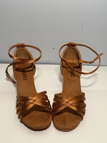 MSMAX Women's Latin Ballroom Dance Shoes Size 38 Bronze Satin Strappy Heels