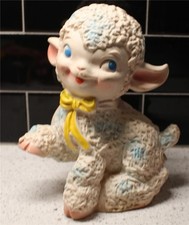 Vintage Rubber Squeak Toy Lamb Pink Blue White with Yellow Ribbon Hat 8"