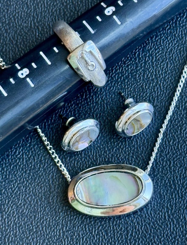 3 PIECE VINTAGE SILVER TONE ABALONE COSTUME JEWELRY LOT DESIGNER AVON