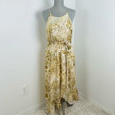 Mystree Asymmetric Hi-Low Leopard Print Dress SZ L Gold Cream Lined Belted Party