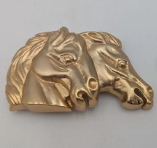 Vtg Doreen Ryan Belt Buckle Gold Double Horses Stallion Heads Equestrian Western