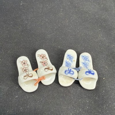 Miniature Ceramic Pair of Shoes Tiny Sandals Slides White w/ Blue Bows & Flowers