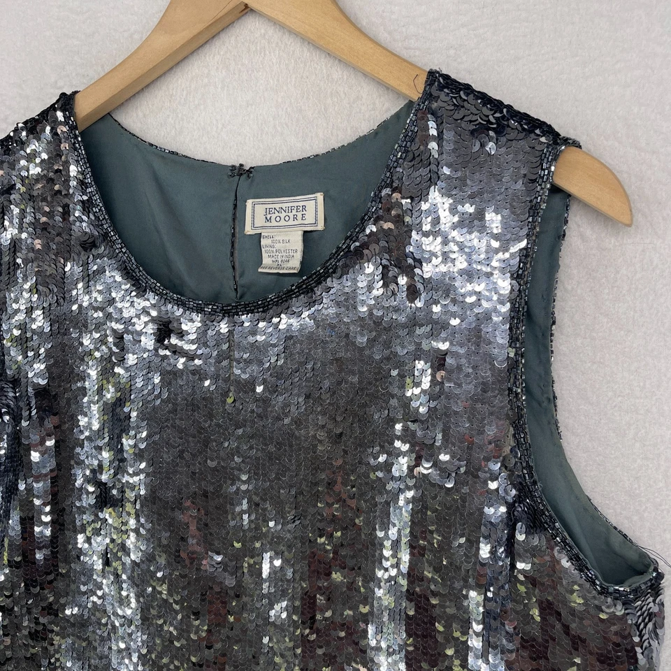 Топ безрукавка JENNIFER MOORE XL шелк с блестками украшенный тяжелый круглый вырез подкладка серый - Изображение 2 из 4