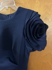 Xscape Women's Navy Ruched Sheath Dress Short Sleeve With Sculpted Rose SZ 12