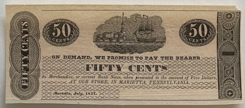 Barr Spangler, Marietta PA 50c Scrip, Hoober H216-34, Rarity R4