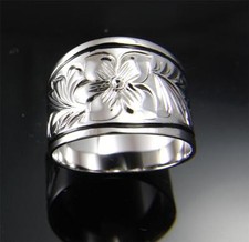 SILVER 925 HAWAIIAN RING PLUMERIA SCROLL 15MM TAPER BAND BLACK BORDER RHODIUM
