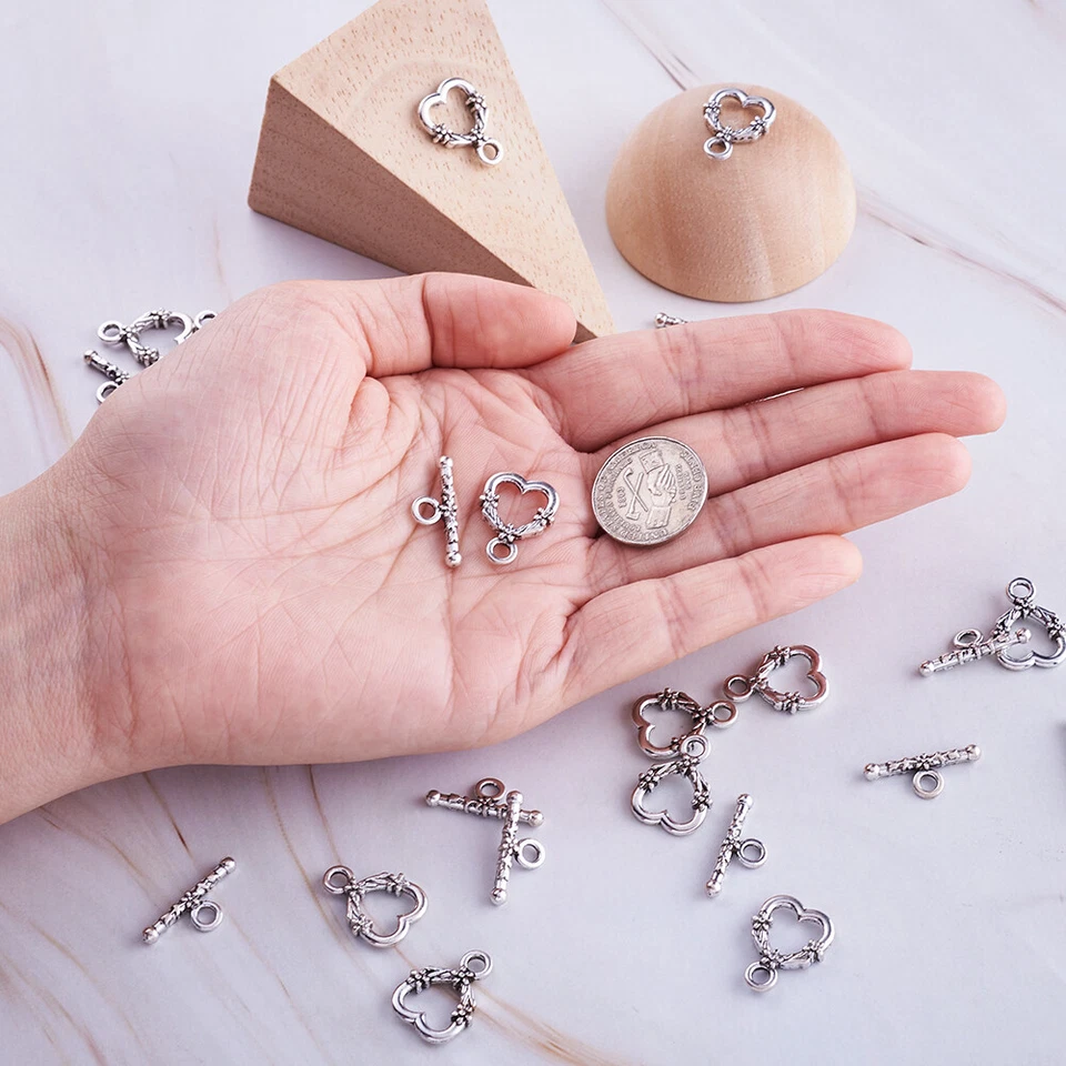 20 Sets Nickel Free Antique Silver Tibetan Style Heart with Flower Toggle Clasps - Image 3 of 4
