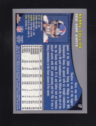 2001 Topps Chrome Kerry Collins #17 New York Giants - Picture 2 of 2