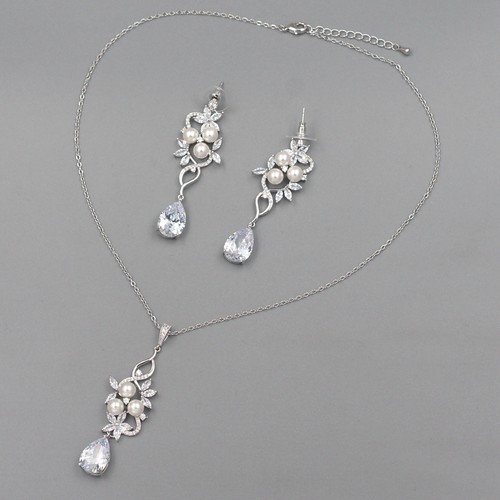 Bridal Wedding Jewelry Set White Pearl Cubic Zirconia CZ Necklace Earrings 09592 - Picture 4 of 8