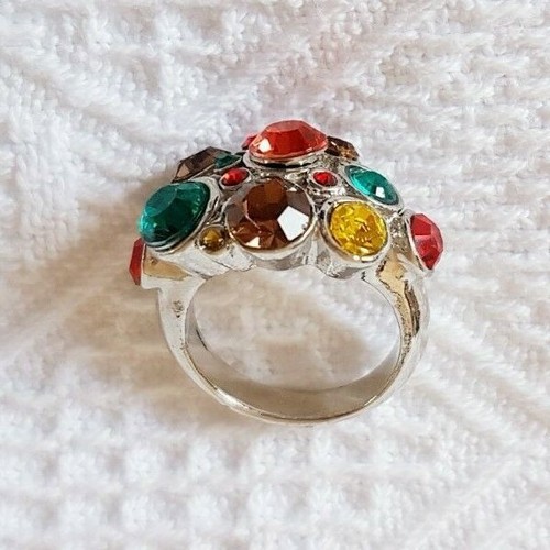 Ring ~ Multi-Colour Large Diamantes ~ Silver Tone Metal ~ UK Size M 1/2 - Picture 3 of 6